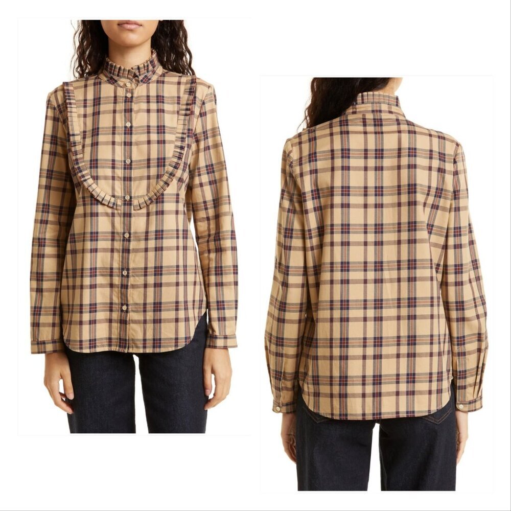 NWT Nili Lotan Gretta Plaid Cotton Blouse, Size M